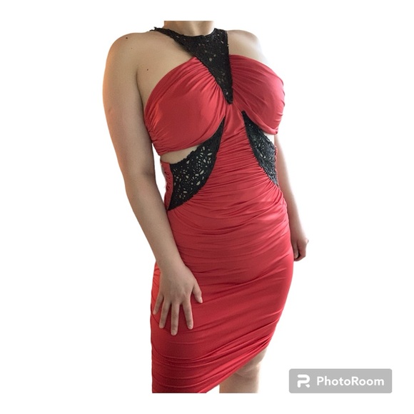 Vintage 2000s Y2K Bebe Red CutOut Sleeveless Asymmetrical Ruched Bodycon Dress M - Picture 10 of 12